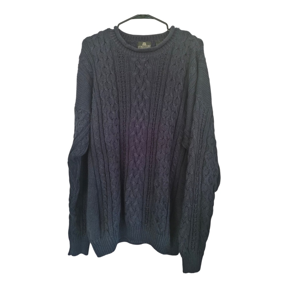 Vintage Structure Cable Knit Sweater XL Navy Ramie Cotton Fisherman Grandpa Core